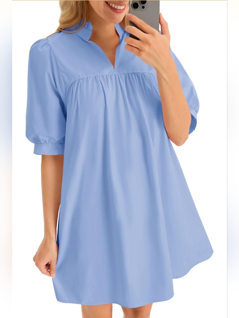 Bell Blue Babydoll Mini Dress Size L (8–10) Cotton Puff Sleeve Casual Summer